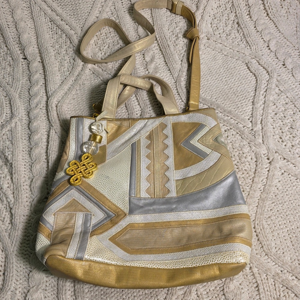 VTG Sharif Patchwork Leather Tote Shoulder Purse Bag Gold Geometric NEVER USED